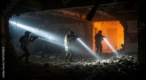 Three special forces soldiers with tactical flashlights on rifles in a dark, destroyed building. Military operation in an urban war zone.