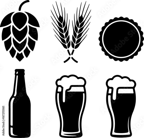 Dynamic black silhouette vector set of beer brewing essentials hop, barley, bottle, and foamy pint glasses, ideal for beverage industry branding