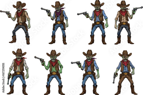 Zombie cowboy cartoon character set with guns, western outfit, undead wild west illustration, spooky sheriff for games and comics.