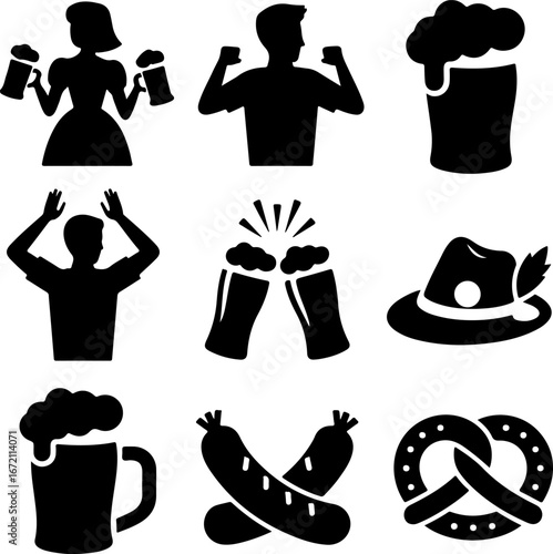 Black silhouette icons celebrating Oktoberfest with beer, pretzels, and sausages