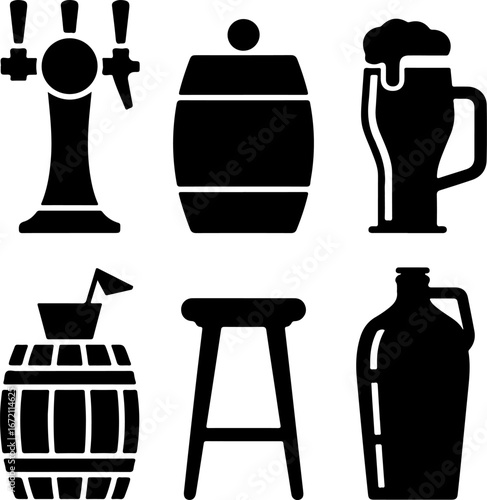 Black Silhouette Icons of Alcohol Bar Elements like Beer Tap and Kegs