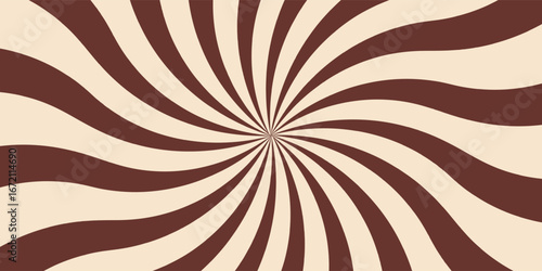 Candy color sunburst background. Abstract chocolate cream sunbeams design. Colorful spinning lines for template, banner, poster, flyer. Sweet rotating cartoon swirl or whirlpool. Vector backdrop.