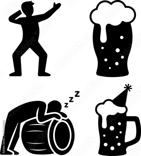 Fun and drunken moments depicted with beer icons, party, and sleeping silhouettes