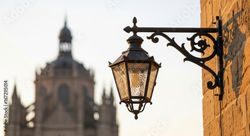 Wallpaper Mural Ornate lantern on historic building with cathedral background at sunset Torontodigital.ca