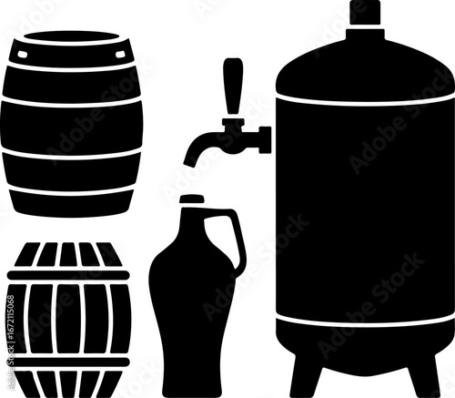 Black silhouette of various containers for drinks, including barrels, a jug, and a large tank with a tap