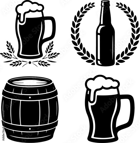 Classic black and white silhouette icons depicting brewing. Features frothy beer mugs, a bottle, and a wooden barrel, for beverage branding