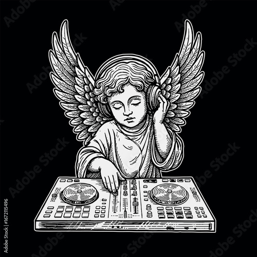 Angel DJ Mixing on Turntable, vector illustration in engraving style for t-shirt printing, sticker