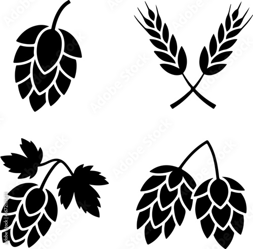 Silhouette vector collection of beer ingredients hops and wheat for breweries and beverages
