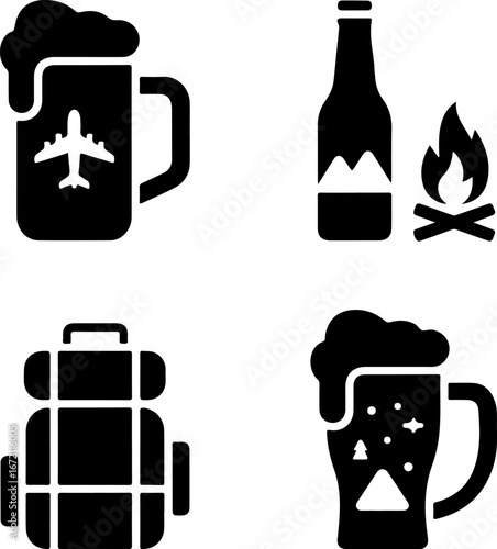 Silhouette vector set of beer, travel, and outdoor adventure elements for design projects