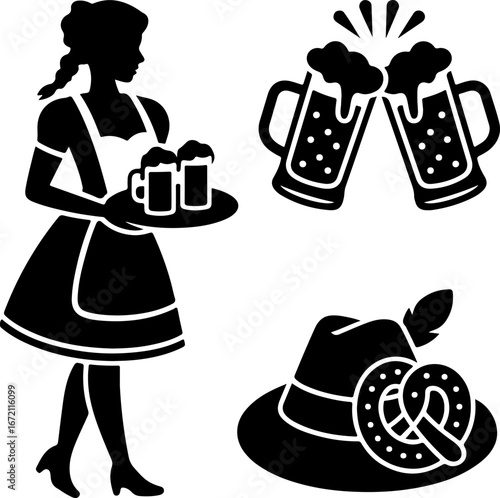 Black silhouette vector collection traditional beer server, clinking frothy mugs, and a festive hat with a pretzel, perfect for cultural celebrations
