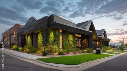 Modern building with sleek angular design at twilight, featuring dark metal panels and lush vertical garden on facade,