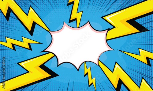 abstract comic background with speech bubble and lightning element on blue