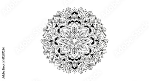 Bold Floral and Geometric Mandala Outline for Coloring Activities, Isolated White Background.