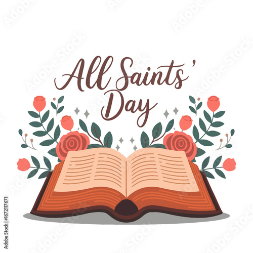 All Saints Day illustration with open book and flower decoration for celebration