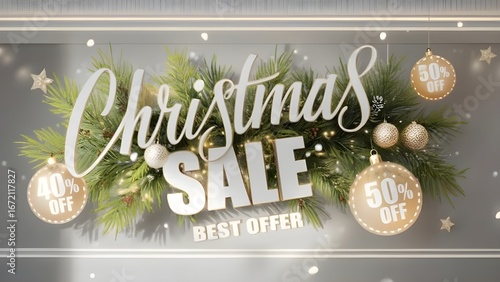 Festive christmas sale with ornaments and pine branches