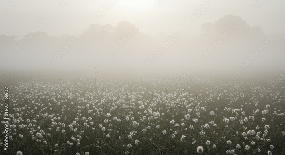 Fototapeta premium Misty Field of White Flowers with Trees and a Bright Sky