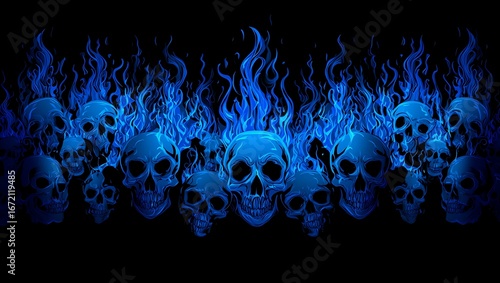 Blue skulls with flames on black background in a row