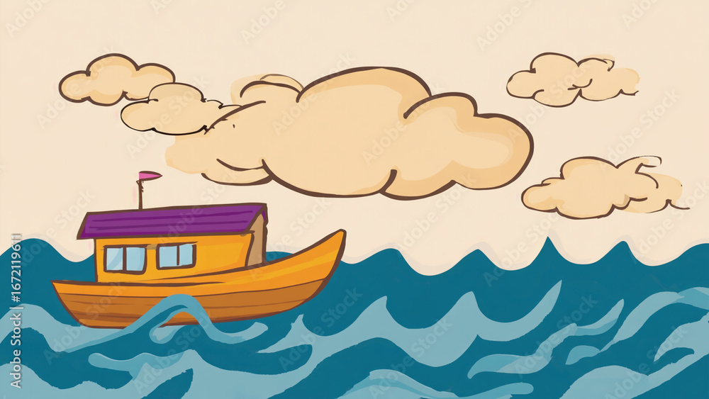 Obraz premium Cartoon Boat on the Water Whimsical Nautical Adventure Illustration