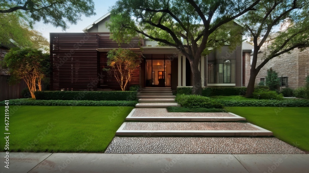 Obraz premium Elegant modern house at dusk with flat roofline, clean lines, large windows, wooden slatted screen, manicured shrubs,