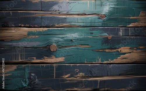 Weathered teal and navy blue painted wooden planks with visible grain and knots texture background