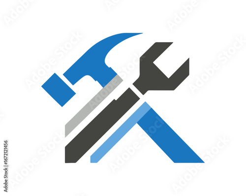 Hammer and wrench illustration construction and repair icon on black