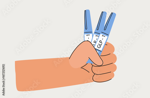 Human hand with GLP 1 injection pen. Hormone syringes. Vector line art illustration