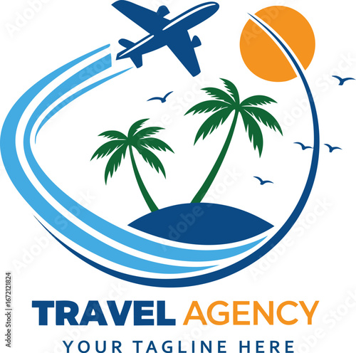 Modern travel agency logo featuring a blue airplane soaring over a tropical island with palm trees and a bright sun