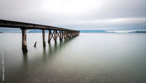 Wallpaper Mural Serene long exposure of a weathered pier extending into calm, shallow water under an overcast sky Torontodigital.ca