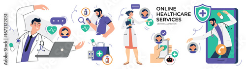 Telemedicine and Online Healthcare Services Vector Set. Doctors consulting patients via mobile apps, online medical support, digital healthcare, telehealth, remote treatment illustrations.