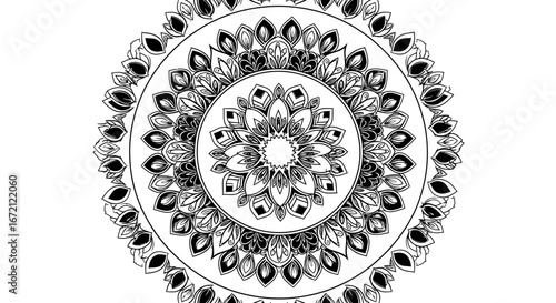 Bold black mandala design with intricate geometric and floral patterns on isolated white background