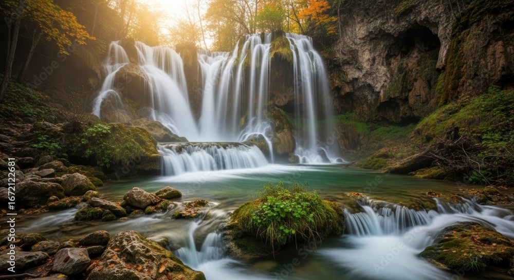 Naklejka premium Serene waterfall in autumn forest with sunlit cascade and lush foliage