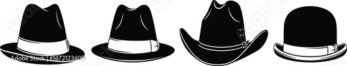 Black and white hat silhouettes featuring fedora, cowboy, and bowler styles with unique brims, bands, and crown shapes