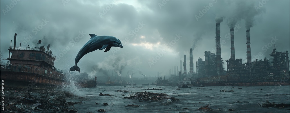 Fototapeta premium Dolphin and Industrial Nightmare: A lone dolphin leaps joyfully against a haunting backdrop of a polluted industrial landscape, an allegory of environmental struggle.