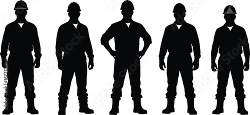 Industrial worker silhouettes in construction attire with hard hats, boots, and confident stance representing safety, labor force, and professionalism