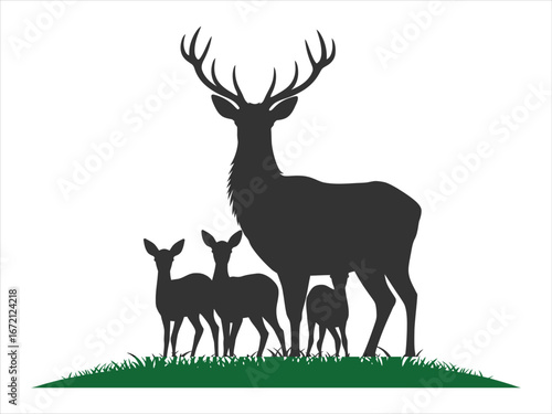 Majestic stag with fawn family on green grass deer