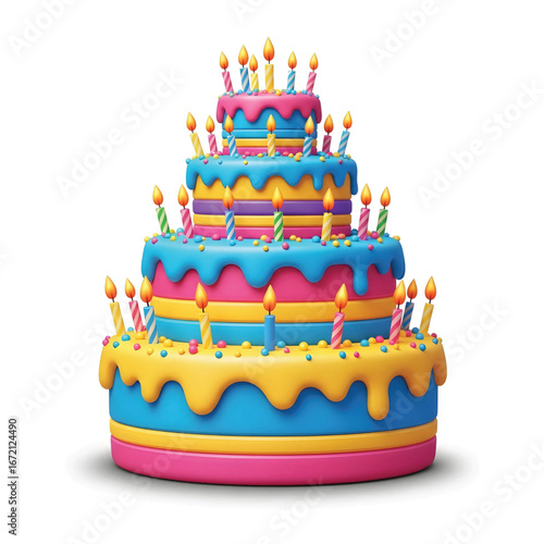 Colorful multi-tiered birthday cake with numerous candles, vibrant frosting, and a cheerful design.
