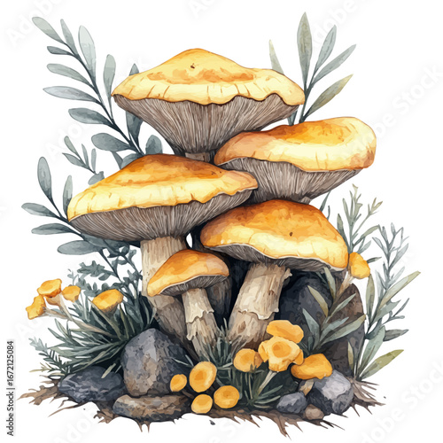 Forest Mushrooms, watercolor clipart vector, isolated on a white background.