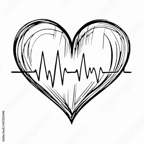 Hand Drawn Heart Shape with EKG Pulse Line Illustration on White Background electrocardiogram heartbeat