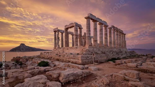 Temple of Poseidon at sunset Greece ancient ruins pink sky, 4k video footage