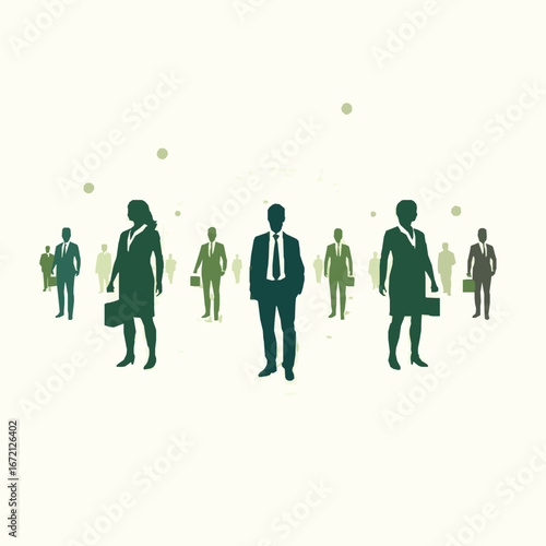 Silhouettes of Business People in Green and Dark Blue Tones group team