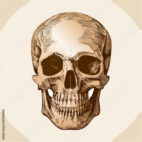 Vintage medical illustration of a human skull in a hand-drawn engraved anatomy textbook style