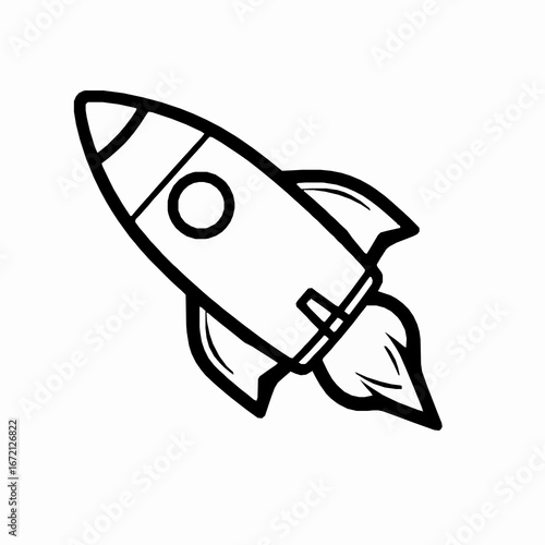 Black Outline Icon of a Rocket Ship with Fire Exhaust on White Background spaceship symbol