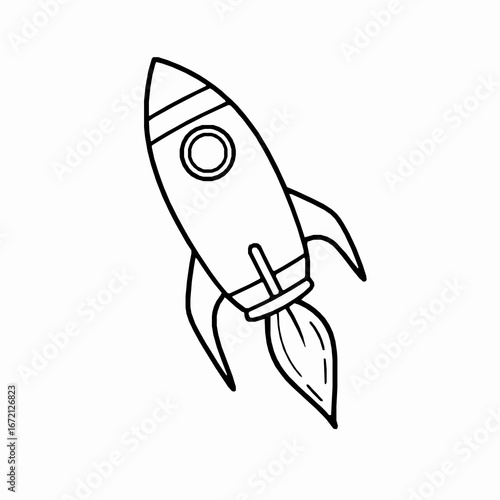 Black Outline Sketch of a Rocket Ship with Fire Exhaust on White Background spaceship icon