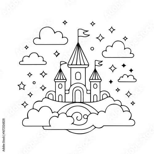 Whimsical Fairytale Castle Line Art with Stars, Clouds, and Crescent Moons and Coloring Pages for Kids & Adults