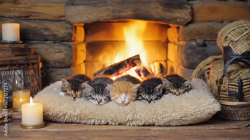 Five sleeping kittens on pillow by fireplace . Ultimate cozy Christmas cats