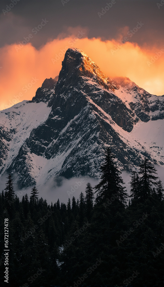 Obraz premium Golden Sunset Light on a Majestic Mountain Peak 