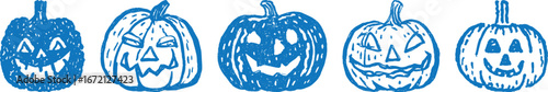 Hand-drawn Halloween cute pumpkin jack-o'-lantern set vector illustration with whimsical cartoon faces in ink stamp doodle style for party decoration, greeting cards, invitations and seasonal designs