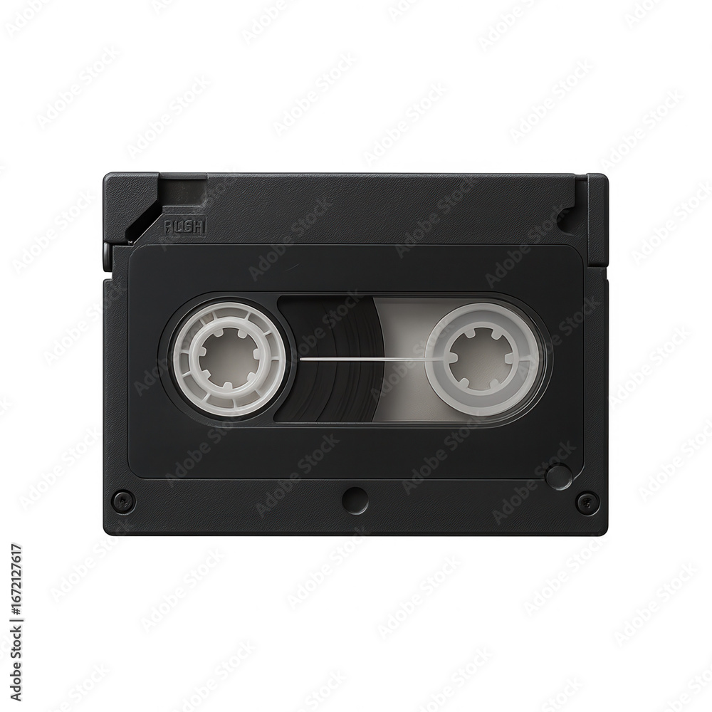 Fototapeta premium Black VHS videocassette tape, front view, transparent background 
