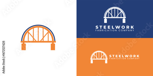 The logo for a steelwork and fabrication company features a stylized bridge icon. It includes a simple orange truss and a prominent blue circular arch, symbolizing modern design and strength.