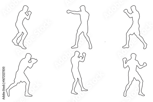 Silhouettes of a boxer in a dynamic fighting and punching sequence, representing movement, training, combat, and athleticism in sports design eps 10